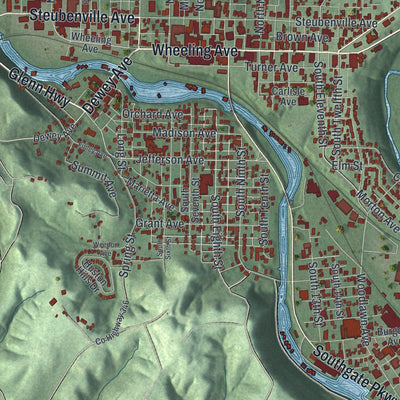 Second close-up of the map of Cambridge, Ohio print showing more streets and buildings