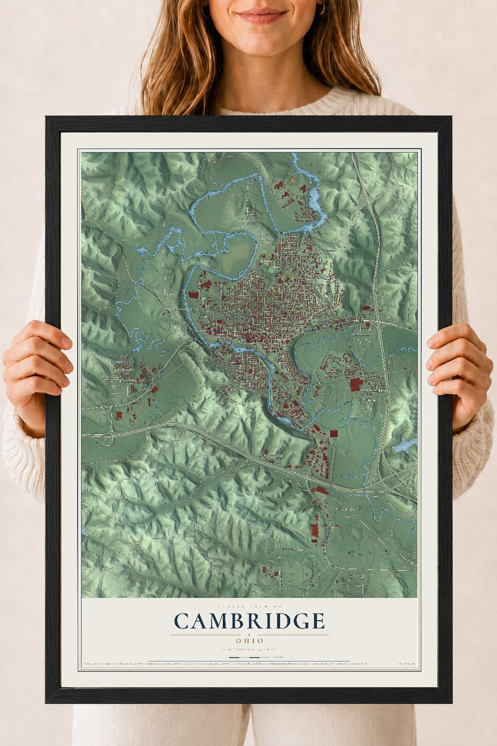Map of Cambridge, Ohio, 18 x 24 inch print in a black wood frame