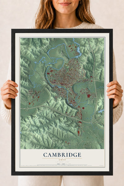 Map of Cambridge, Ohio, 18 x 24 inch print in a black wood frame