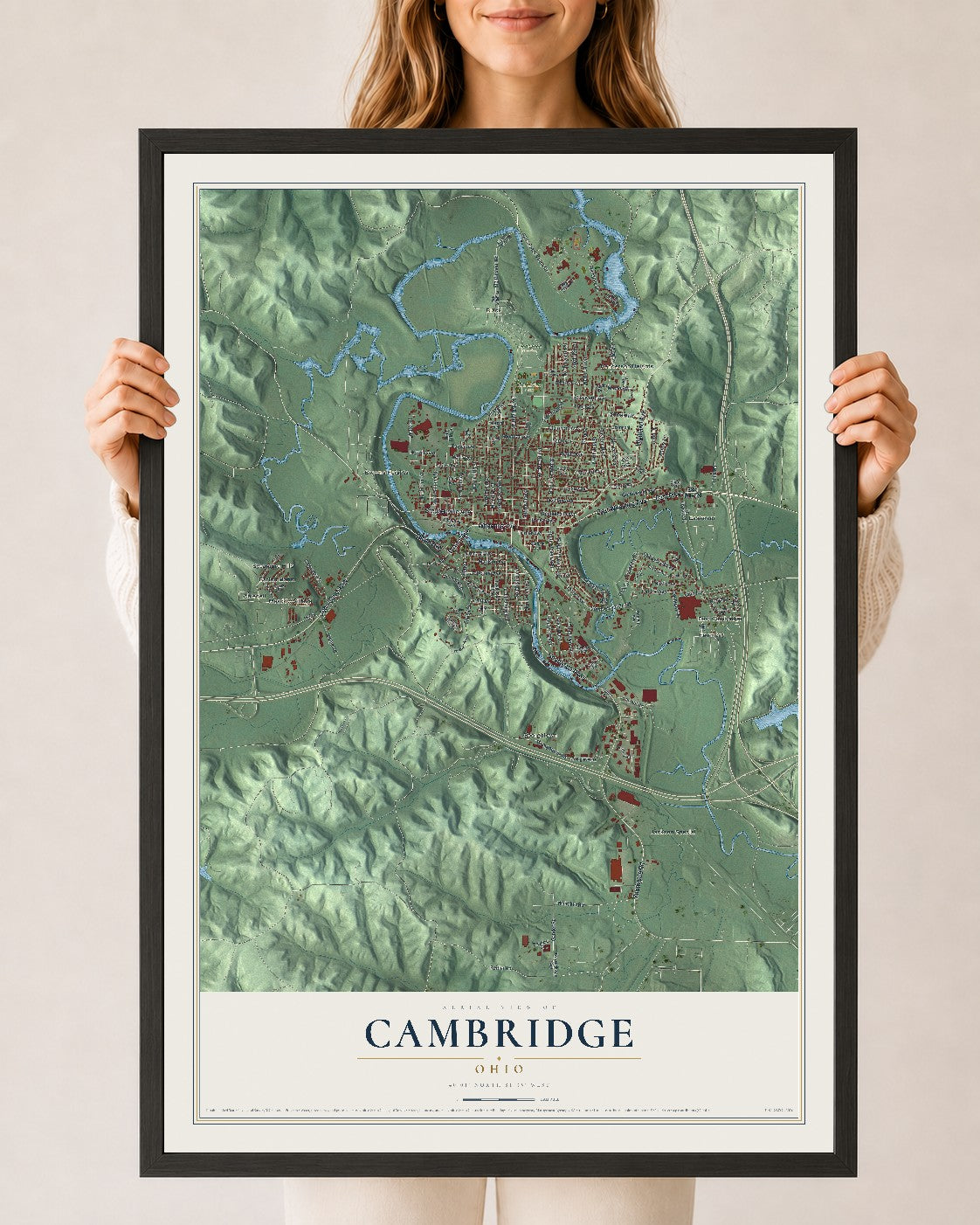 Map of Cambridge, Ohio, 24 x 36 inch print in a black wood frame
