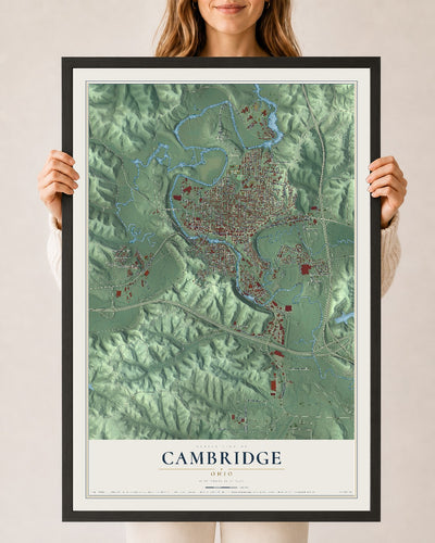 Map of Cambridge, Ohio, 24 x 36 inch print in a black wood frame