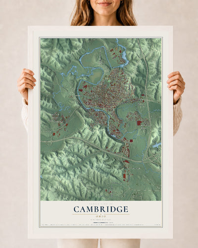 Map of Cambridge, Ohio, 24 x 36 inch print in a white wood frame