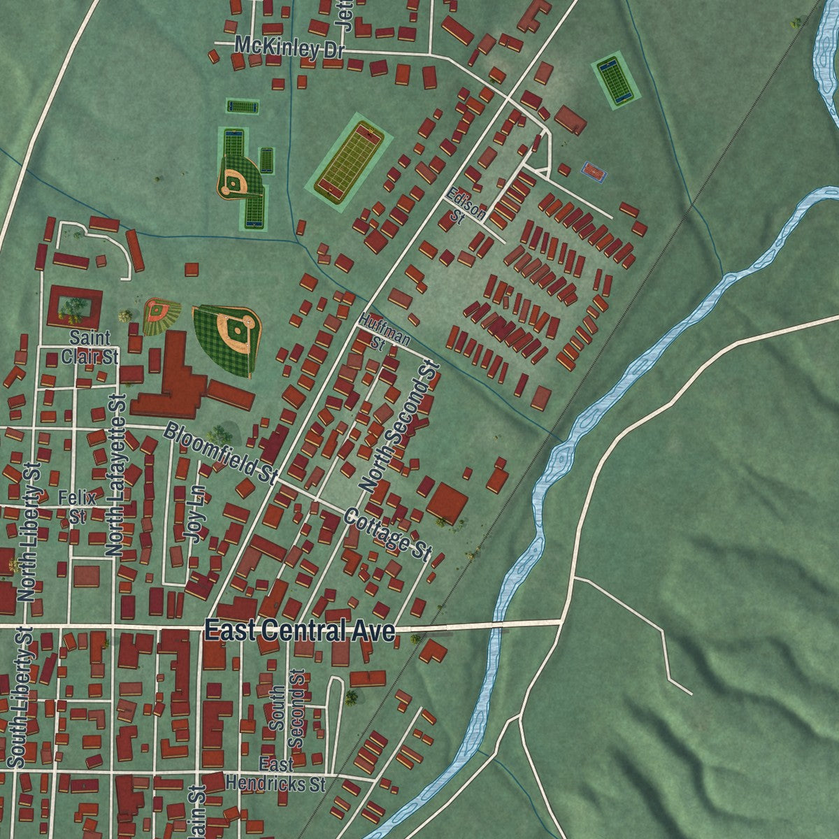Close-up of the map of Camden, Ohio print showing street and building detail