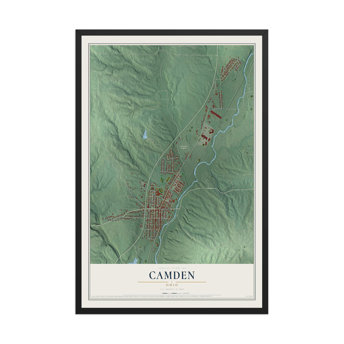 Map of Camden, Ohio, 12 x 18 inch print in a black wood frame