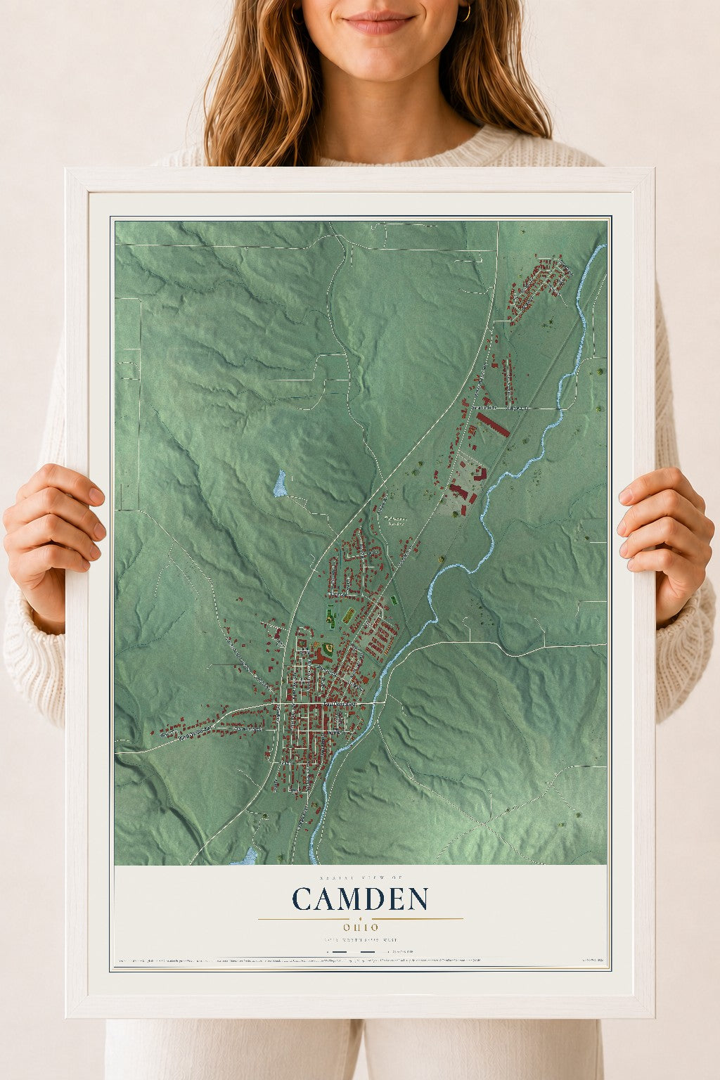 Map of Camden, Ohio, 18 x 24 inch print in a white wood frame