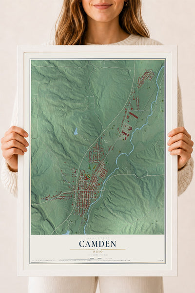 Map of Camden, Ohio, 18 x 24 inch print in a white wood frame