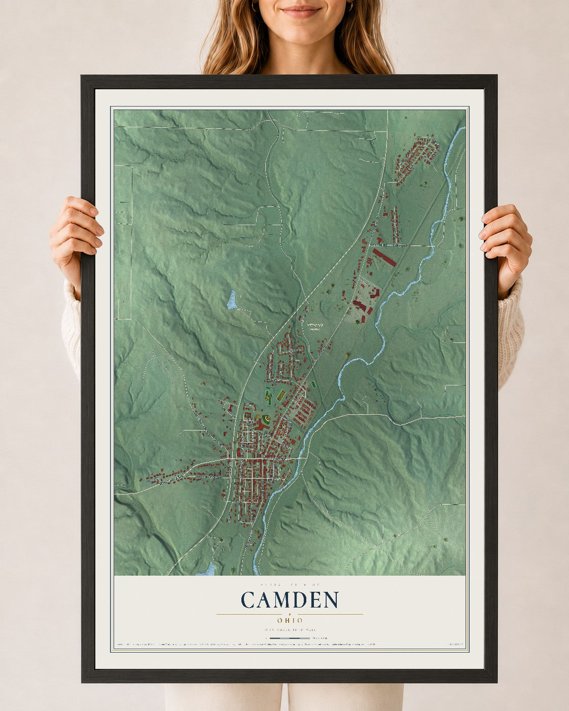 Map of Camden, Ohio, 24 x 36 inch print in a black wood frame