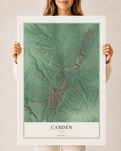 Map of Camden, Ohio, 24 x 36 inch print in a white wood frame