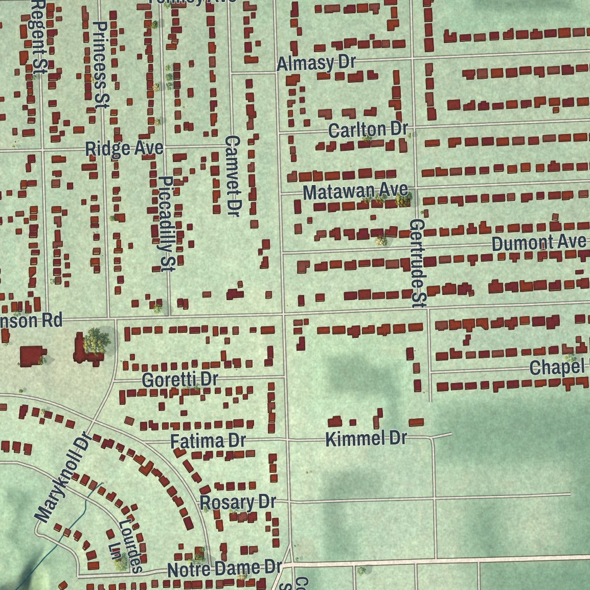 Close-up of the map of Campbell, Ohio print showing street and building detail