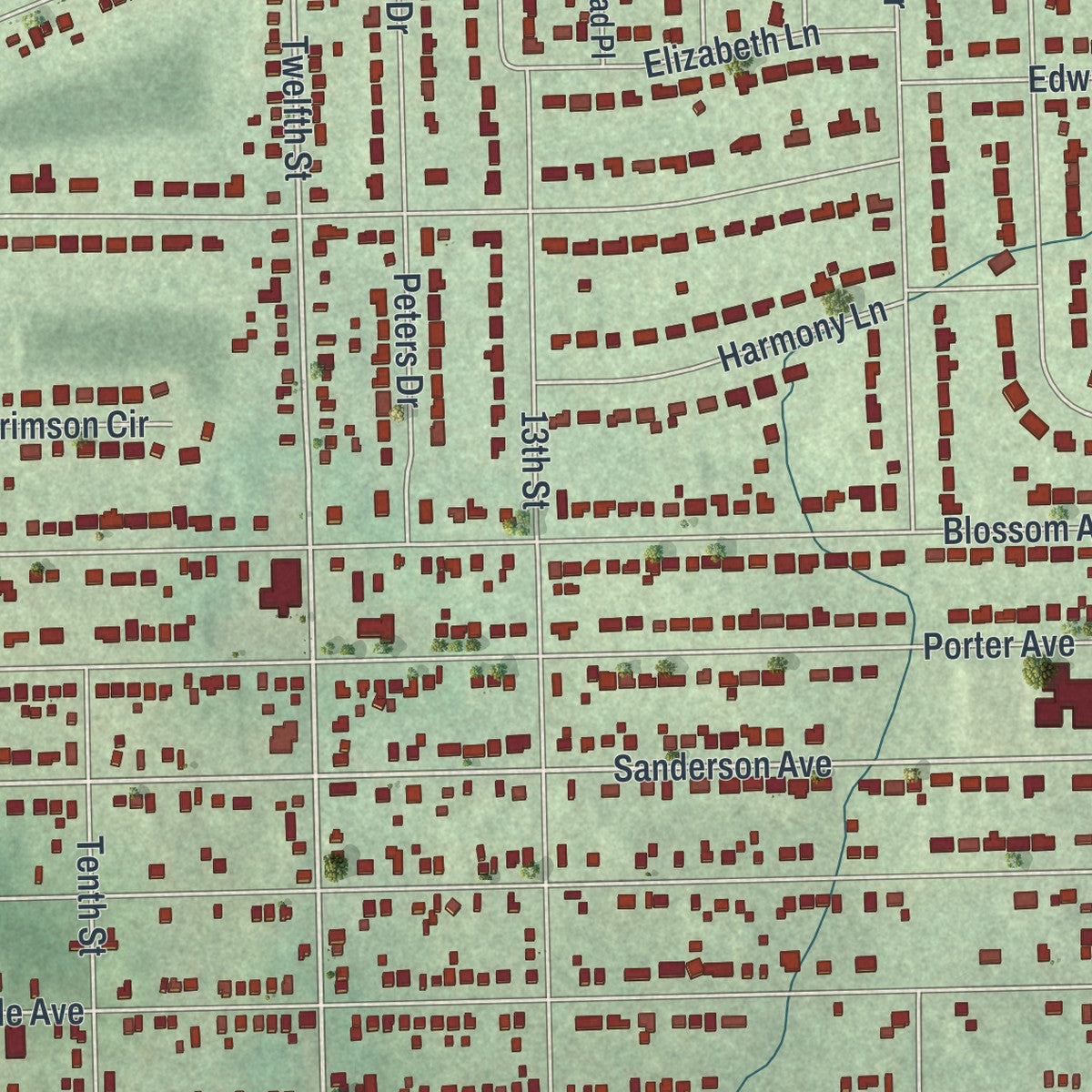 Second close-up of the map of Campbell, Ohio print showing more streets and buildings