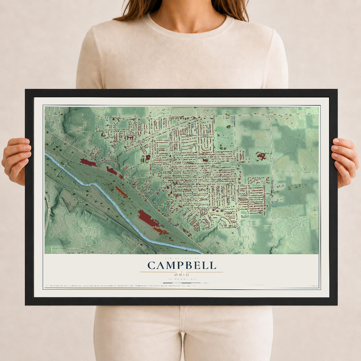Map of Campbell, Ohio, 12 x 18 inch print in a black wood frame