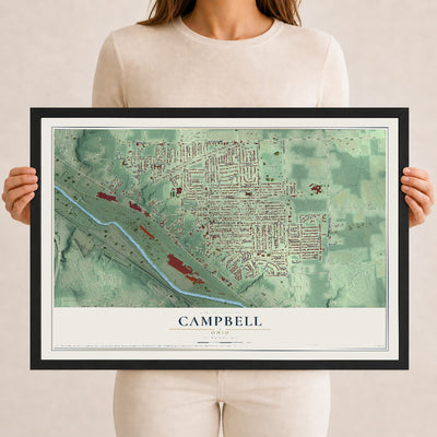 Map of Campbell, Ohio, 12 x 18 inch print in a black wood frame