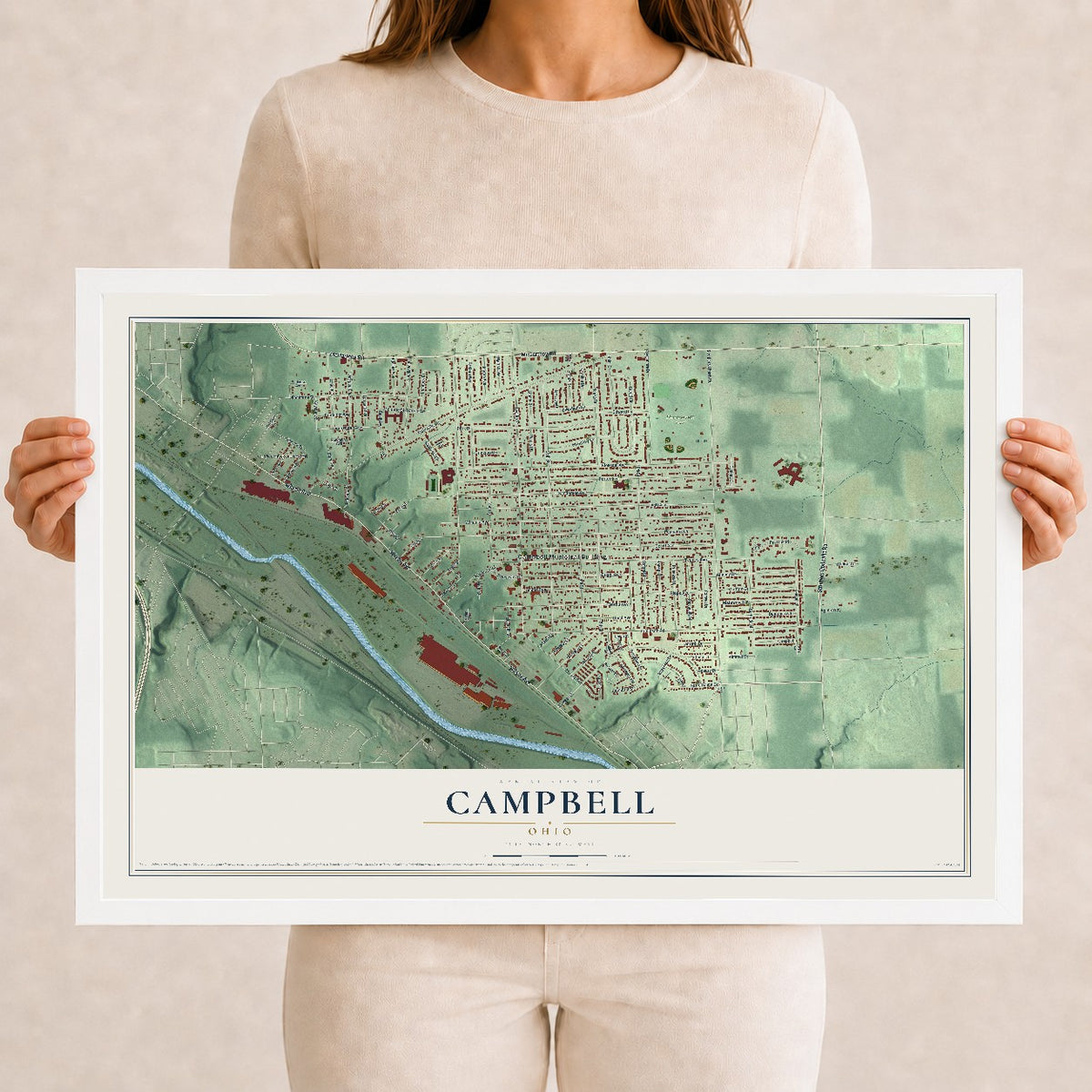 Map of Campbell, Ohio, 12 x 18 inch print in a white wood frame