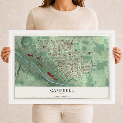 Map of Campbell, Ohio, 12 x 18 inch print in a white wood frame