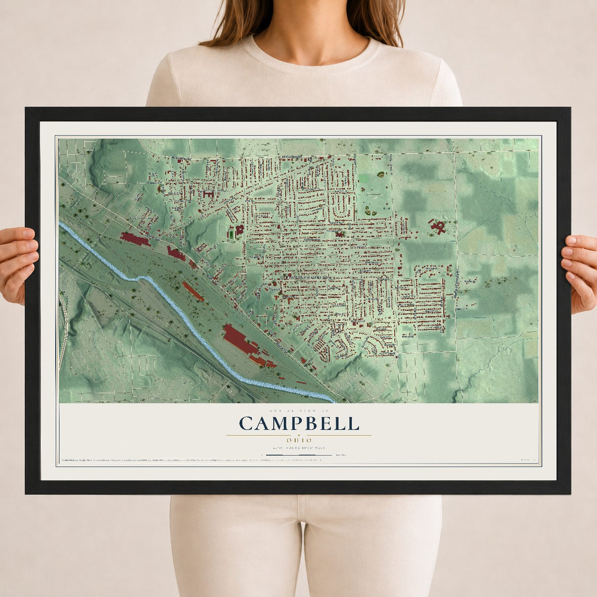 Map of Campbell, Ohio, 18 x 24 inch print in a black wood frame