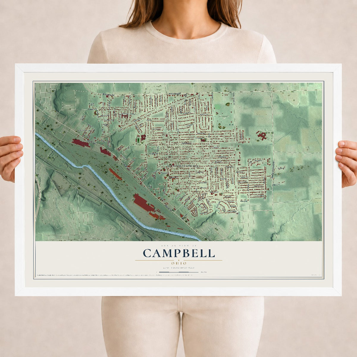 Map of Campbell, Ohio, 18 x 24 inch print in a white wood frame