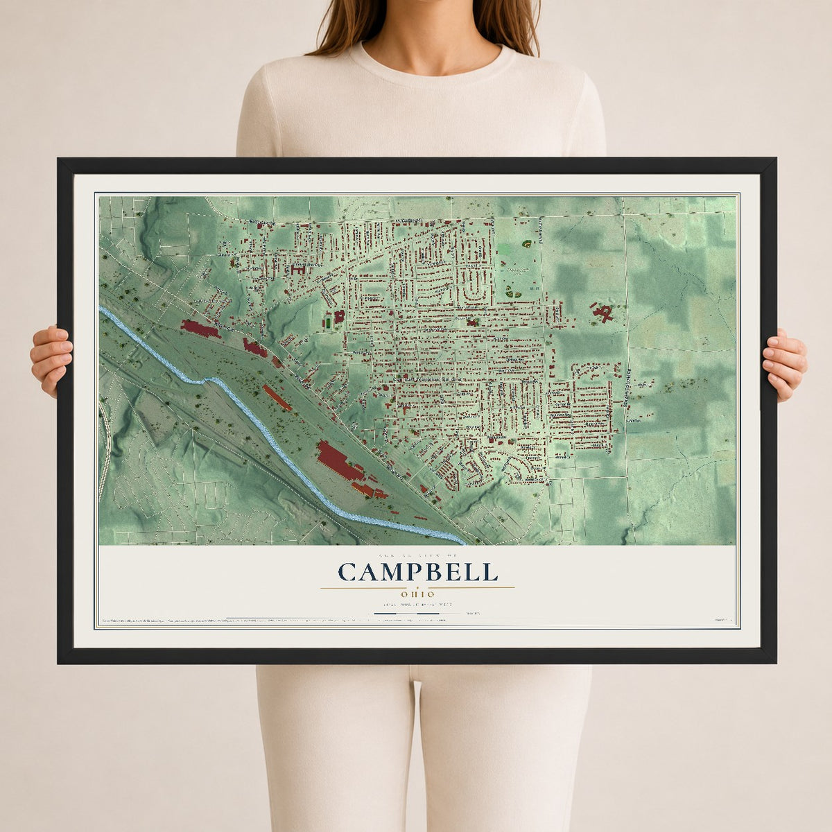 Map of Campbell, Ohio, 24 x 36 inch print in a black wood frame