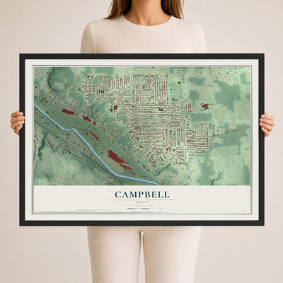 Map of Campbell, Ohio, 24 x 36 inch print in a black wood frame
