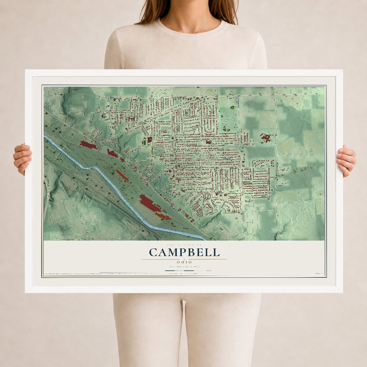 Map of Campbell, Ohio, 24 x 36 inch print in a white wood frame