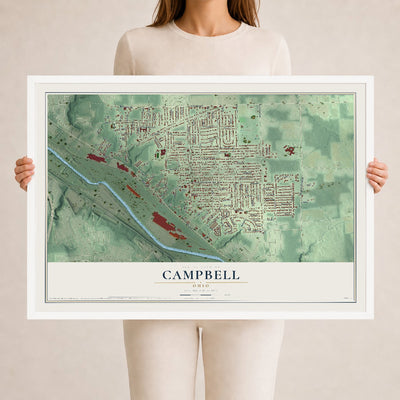Map of Campbell, Ohio, 24 x 36 inch print in a white wood frame