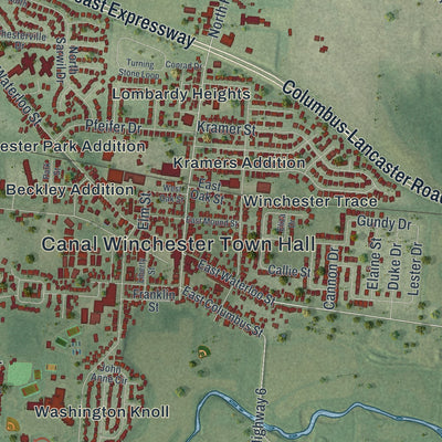 Close-up of the map of Canal Winchester, Ohio print showing street and building detail