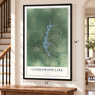 Candlewood Lake, Ohio map, 24 x 36 inch print in a black frame by a staircase