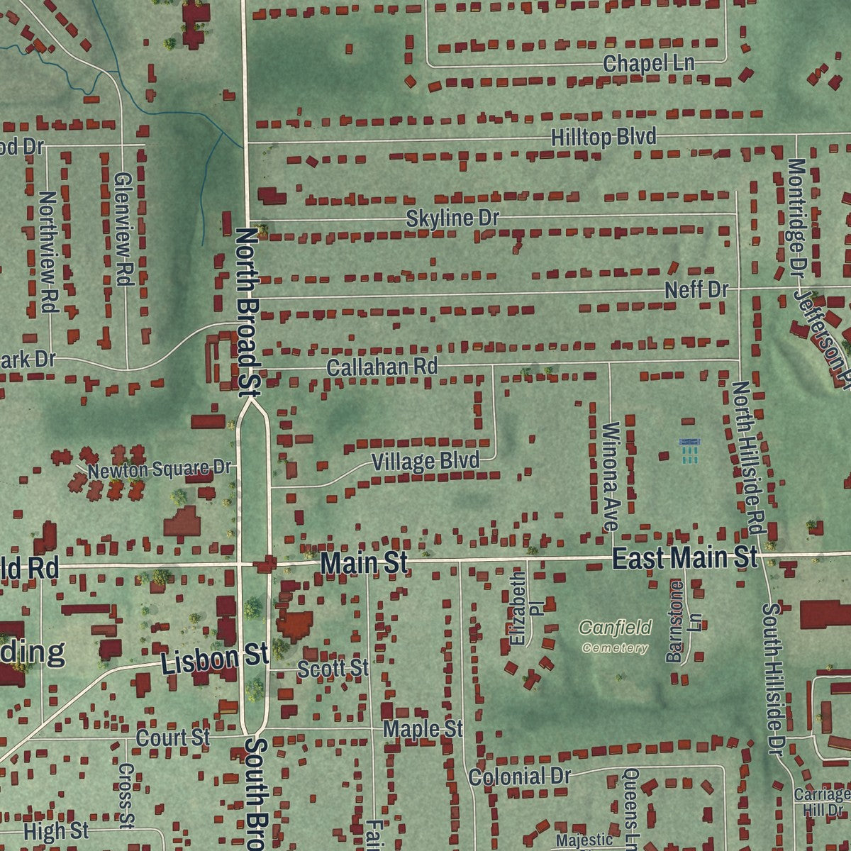Close-up of the map of Canfield, Ohio print showing street and building detail