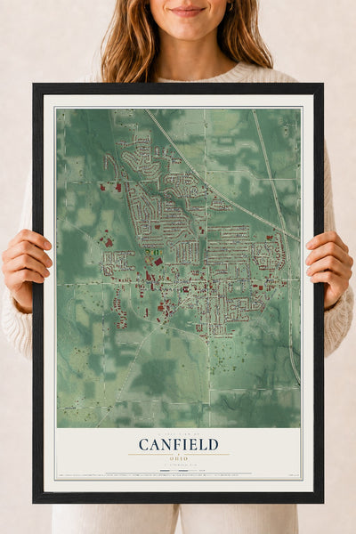 Map of Canfield, Ohio, 18 x 24 inch print in a black wood frame