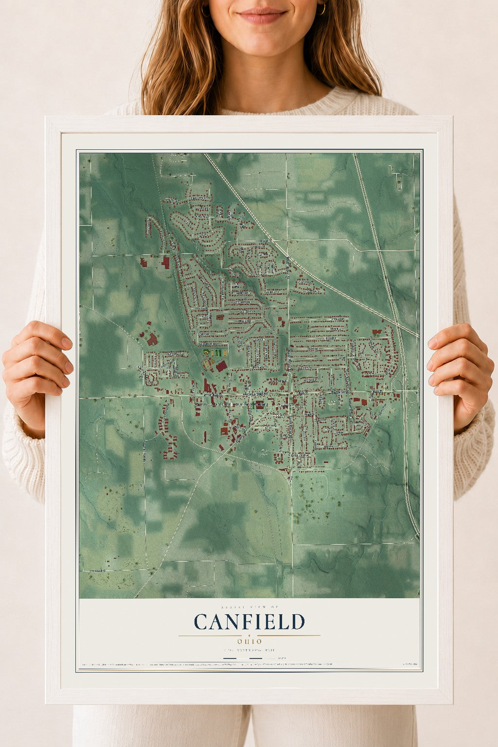 Map of Canfield, Ohio, 18 x 24 inch print in a white wood frame