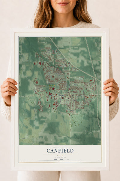 Map of Canfield, Ohio, 18 x 24 inch print in a white wood frame