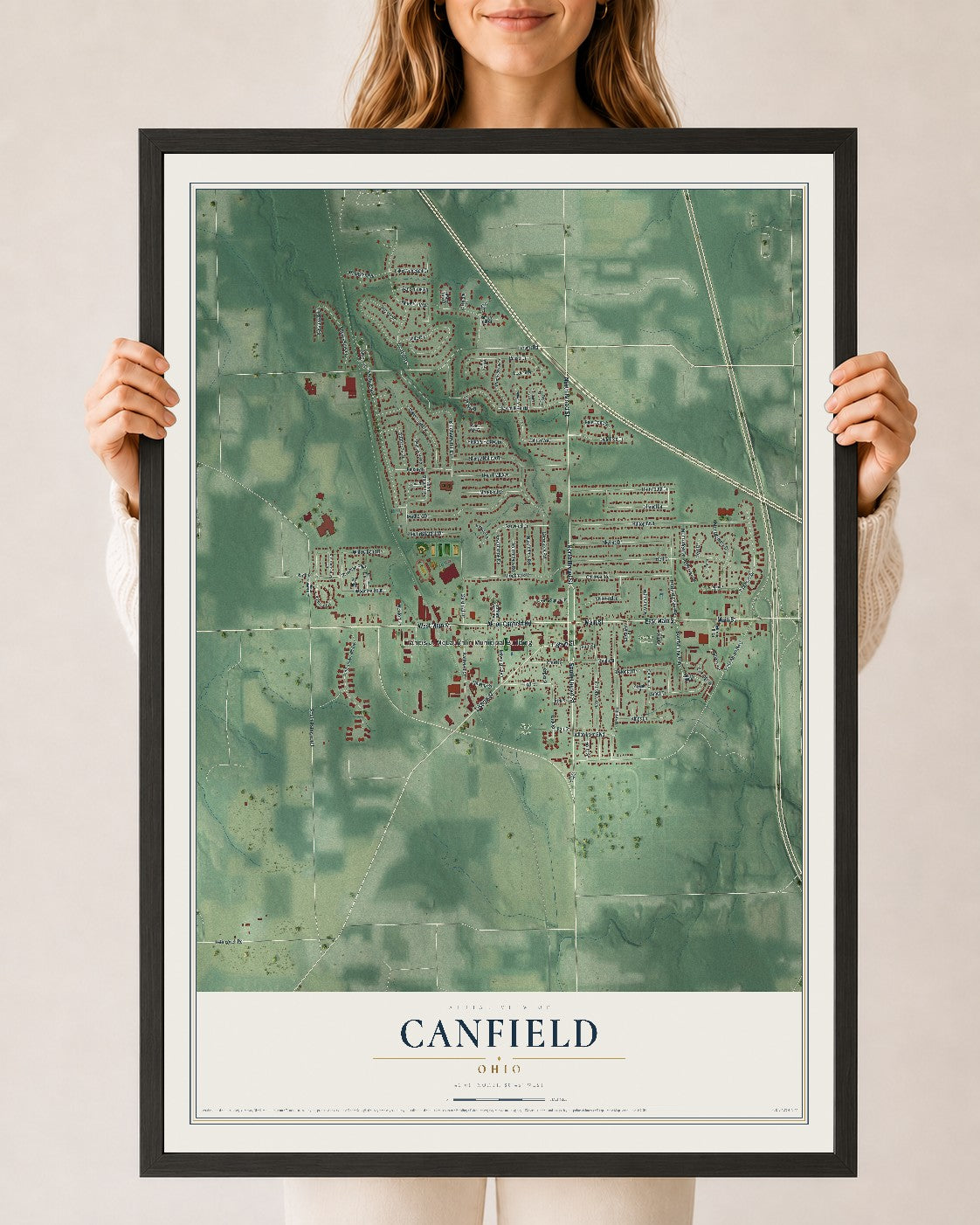 Map of Canfield, Ohio, 24 x 36 inch print in a black wood frame