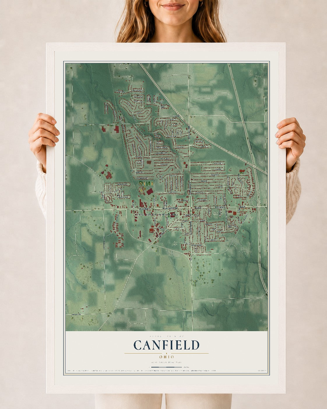 Map of Canfield, Ohio, 24 x 36 inch print in a white wood frame