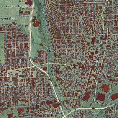 Close-up of the map of Canton, Ohio print showing street and building detail