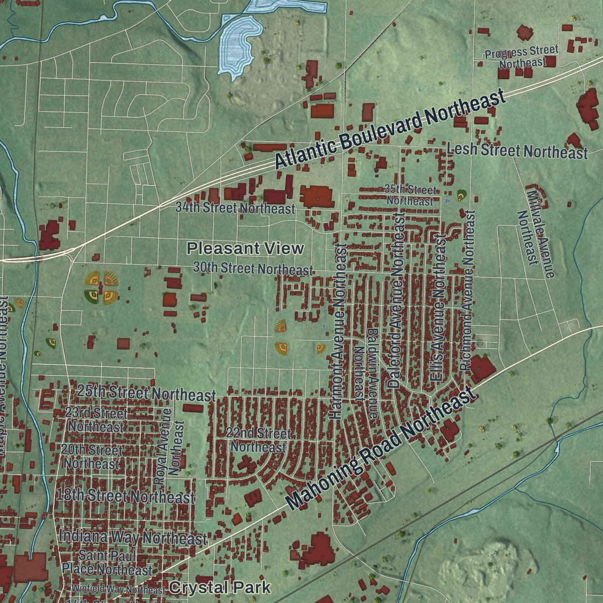 Second close-up of the map of Canton, Ohio print showing more streets and buildings