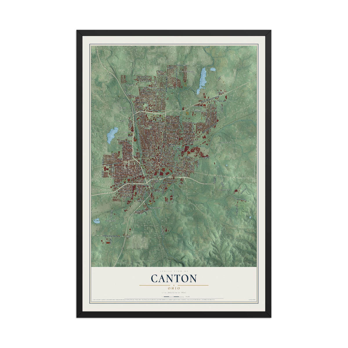 Map of Canton, Ohio, 12 x 18 inch print in a black wood frame