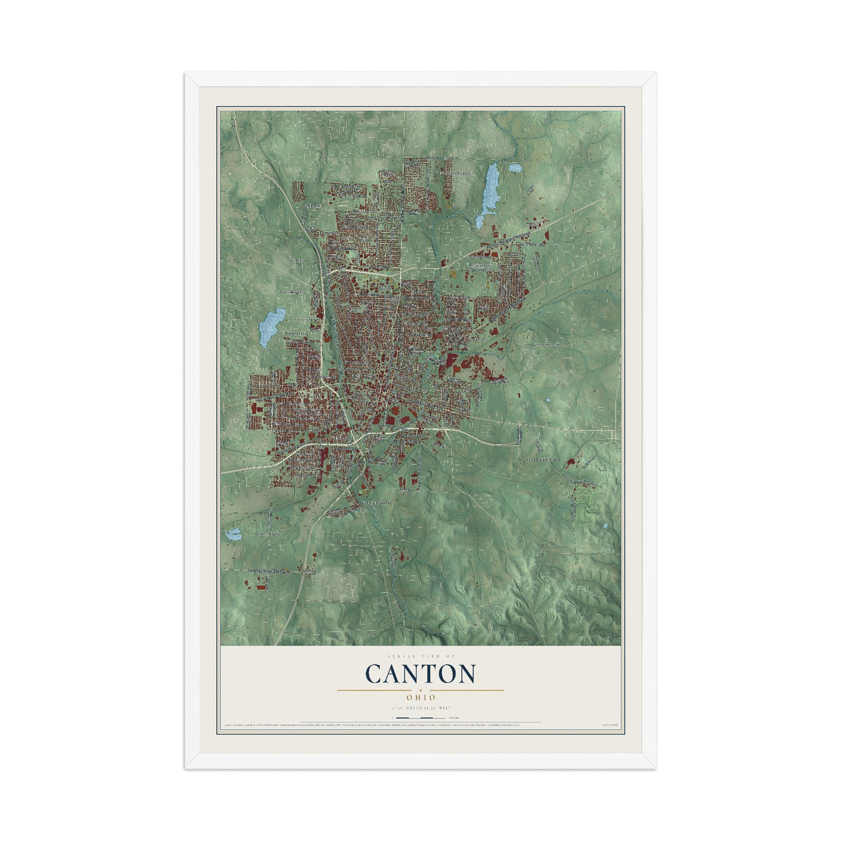 Map of Canton, Ohio, 12 x 18 inch print in a white wood frame