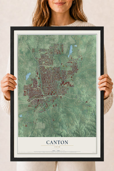 Map of Canton, Ohio, 18 x 24 inch print in a black wood frame