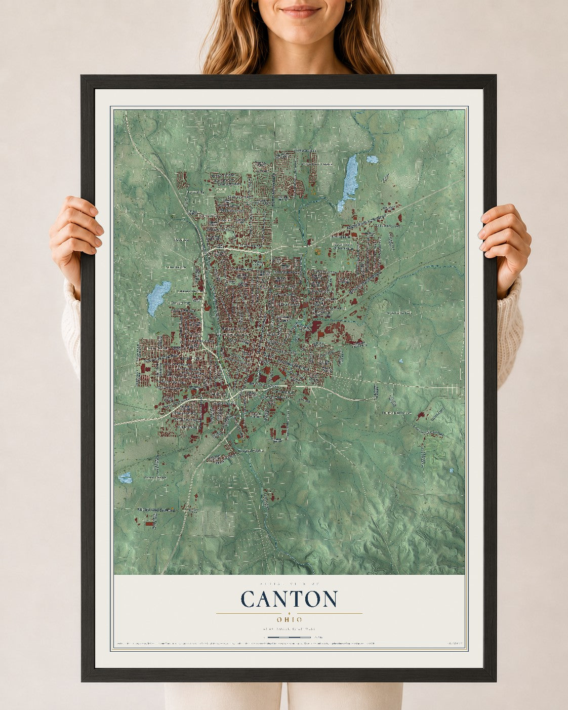 Map of Canton, Ohio, 24 x 36 inch print in a black wood frame