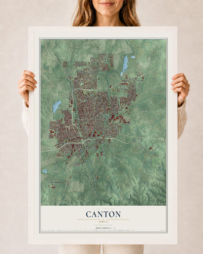 Map of Canton, Ohio, 24 x 36 inch print in a white wood frame