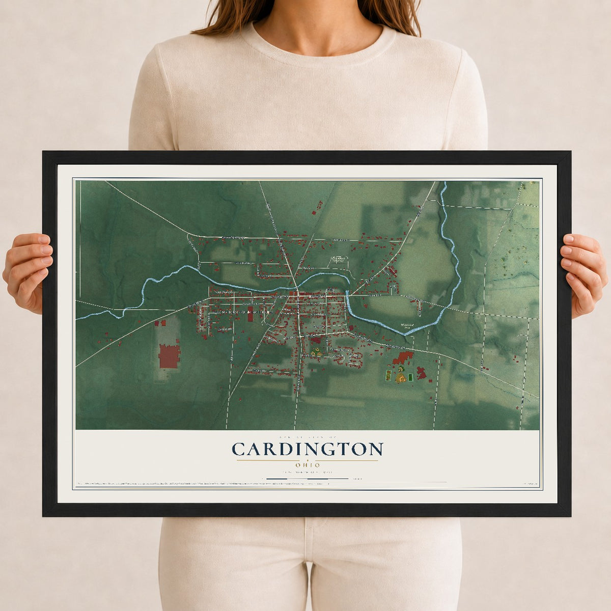 Map of Cardington, Ohio, 12 x 18 inch print in a black wood frame