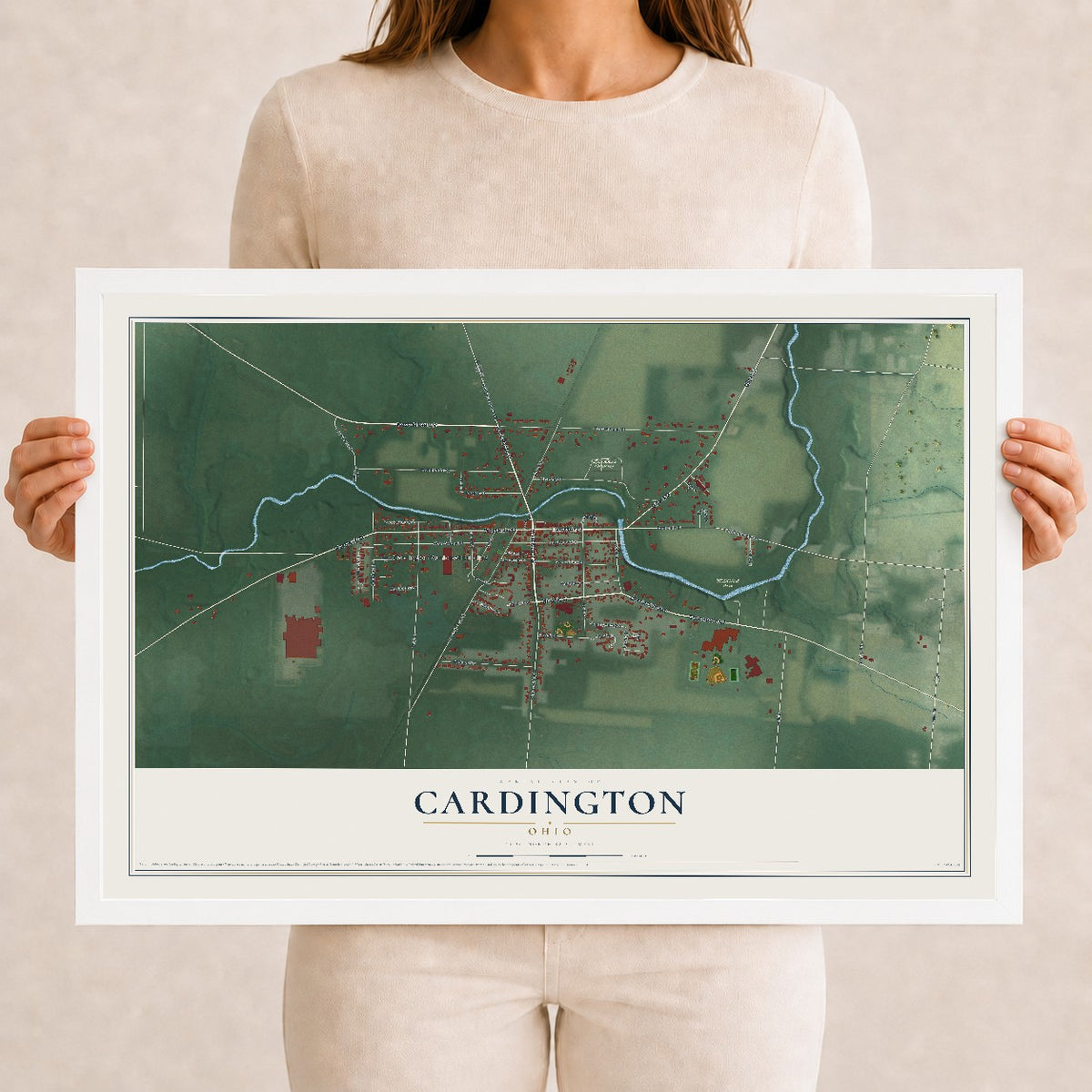 Map of Cardington, Ohio, 12 x 18 inch print in a white wood frame
