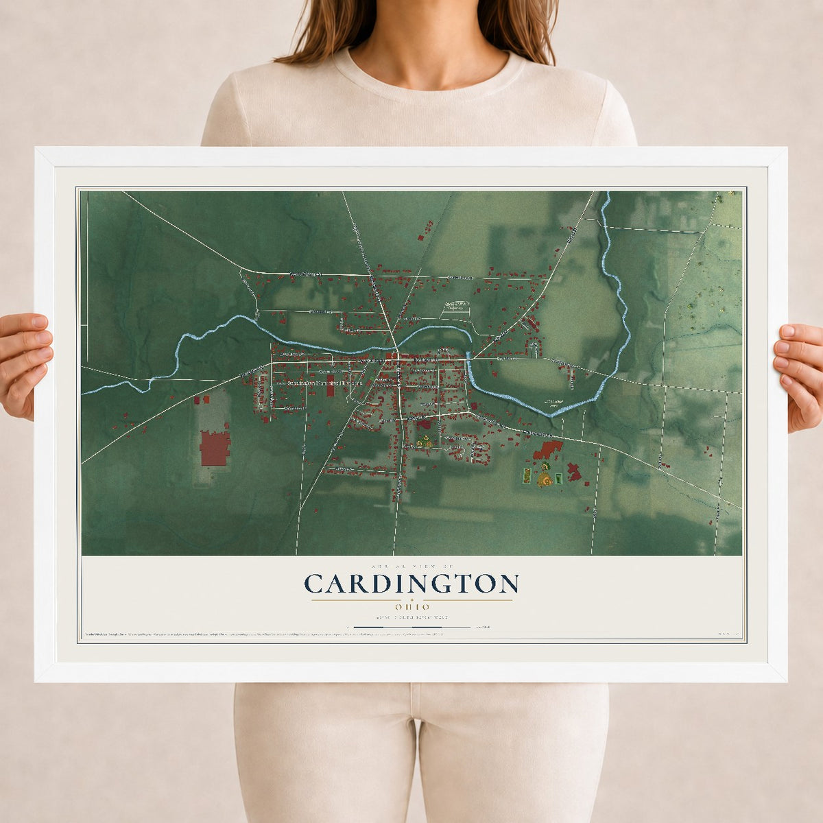 Map of Cardington, Ohio, 18 x 24 inch print in a white wood frame