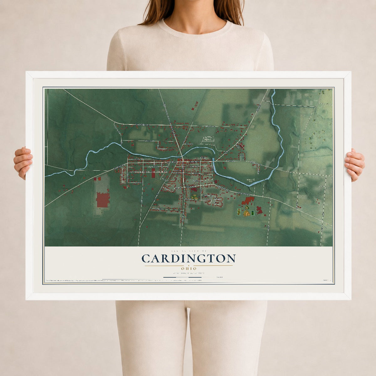 Map of Cardington, Ohio, 24 x 36 inch print in a white wood frame