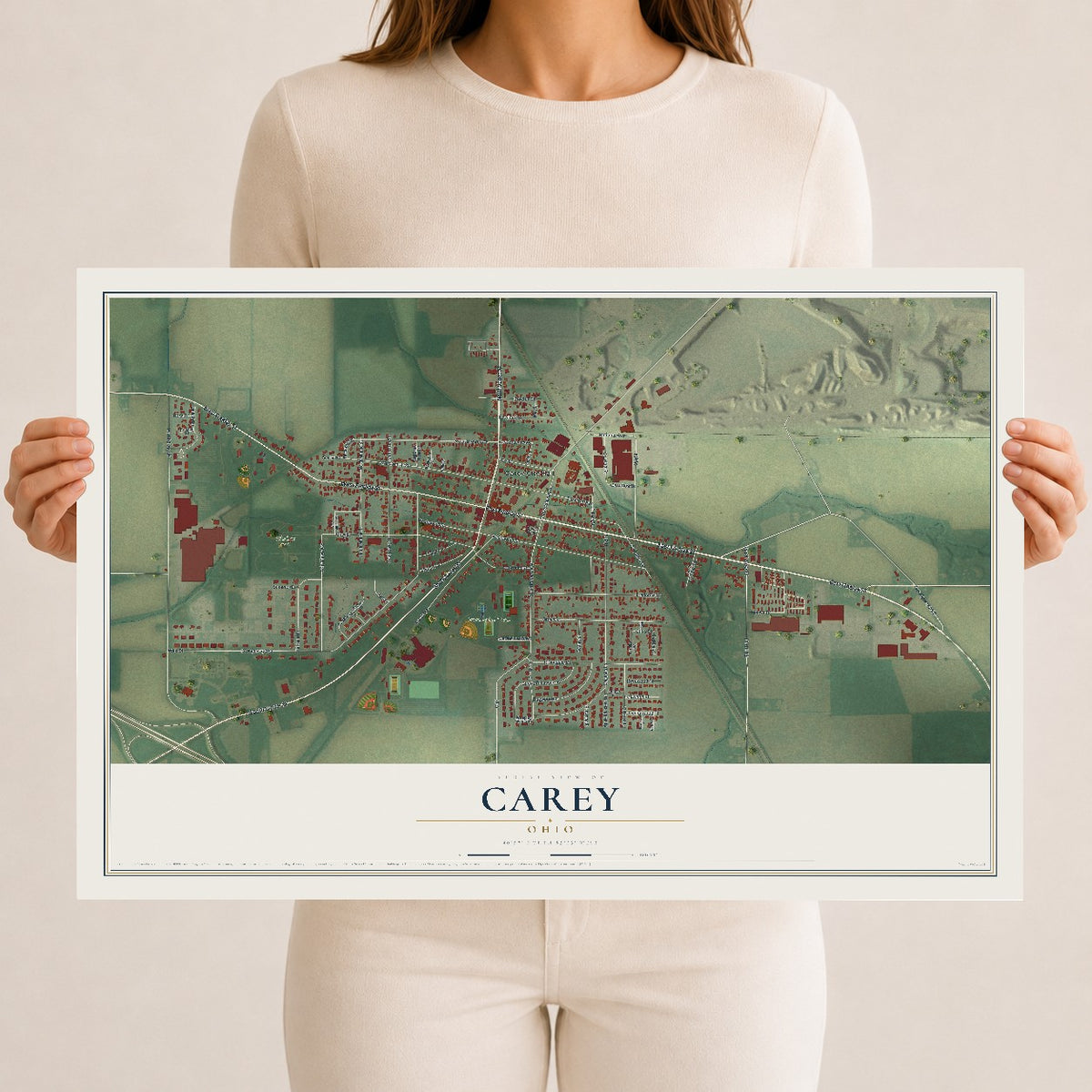 Map of Carey, Ohio, 12 x 18 inch unframed archival matte print