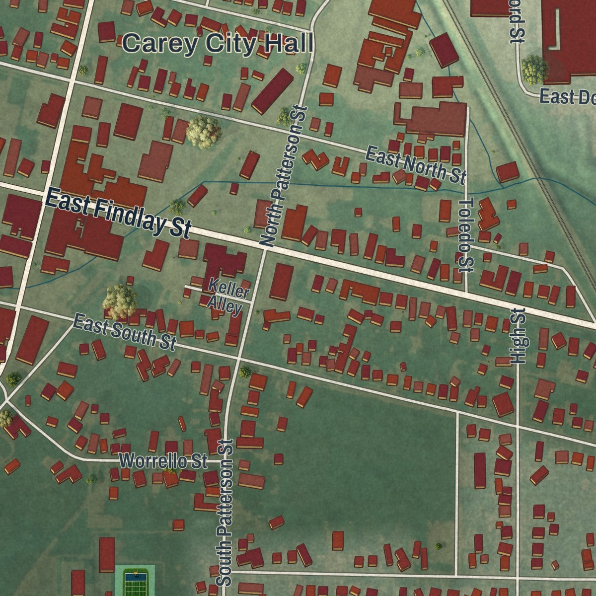 Close-up of the map of Carey, Ohio print showing street and building detail