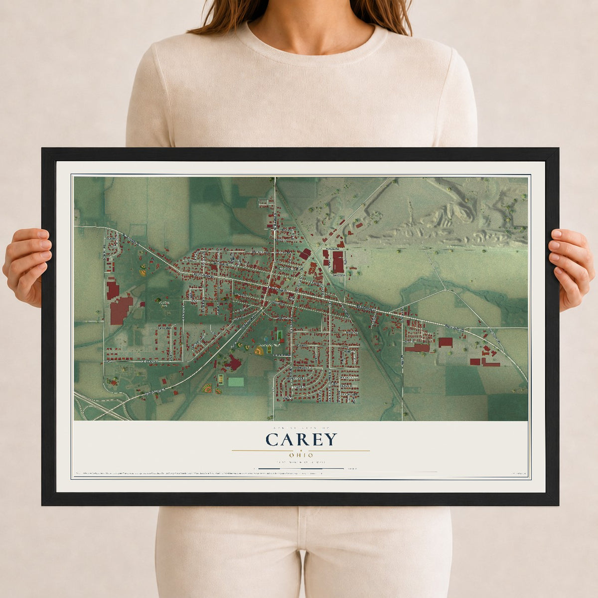 Map of Carey, Ohio, 12 x 18 inch print in a black wood frame