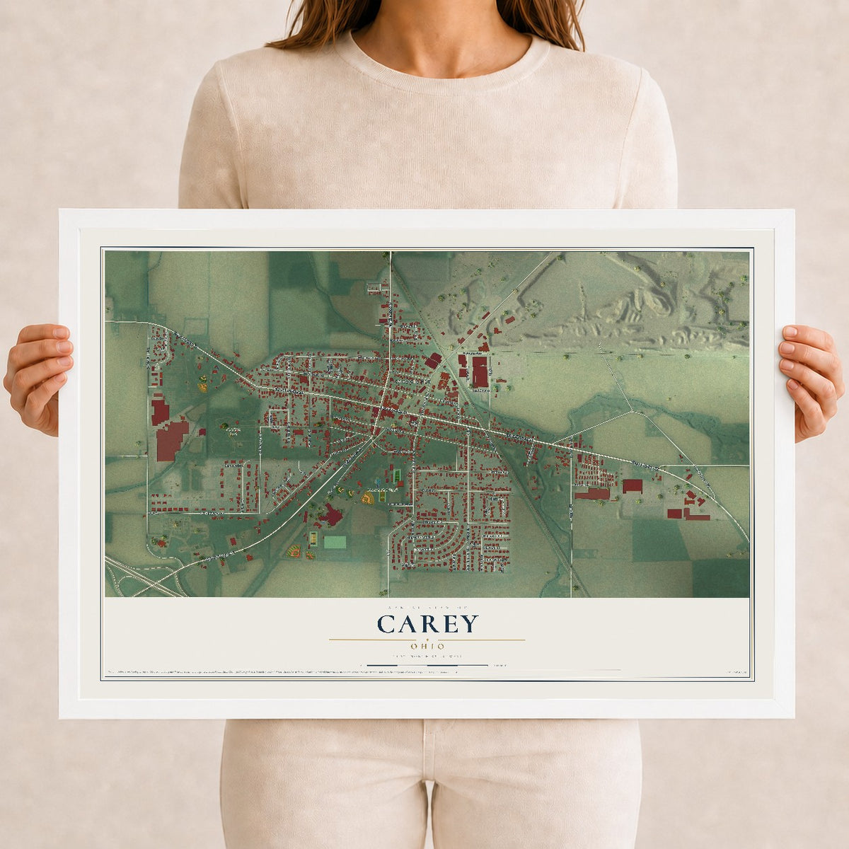 Map of Carey, Ohio, 12 x 18 inch print in a white wood frame