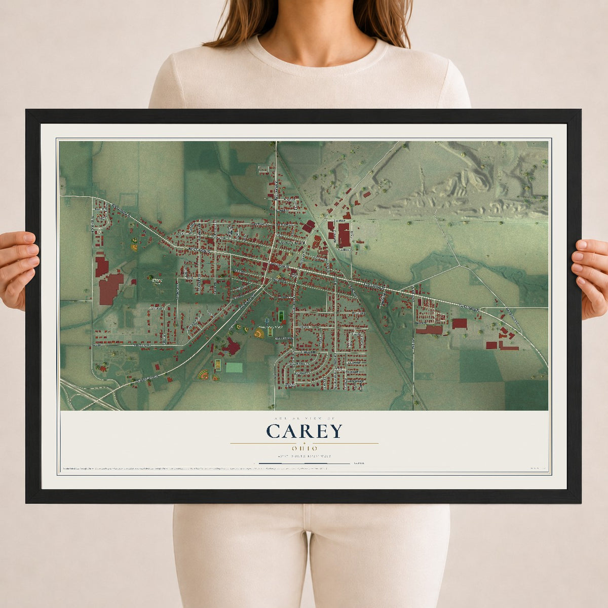 Map of Carey, Ohio, 18 x 24 inch print in a black wood frame