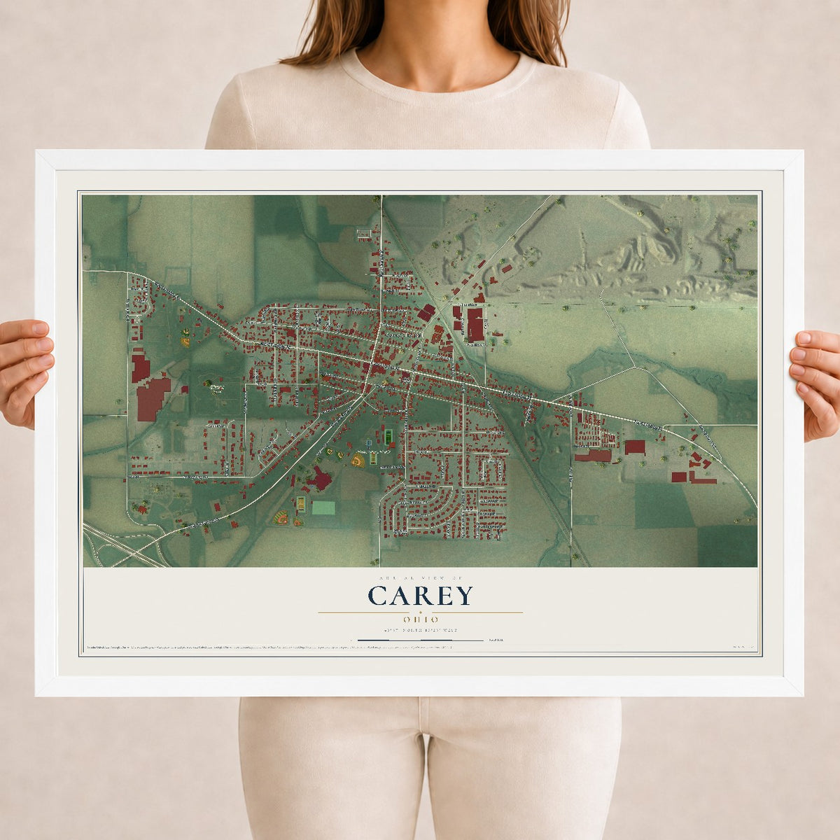 Map of Carey, Ohio, 18 x 24 inch print in a white wood frame