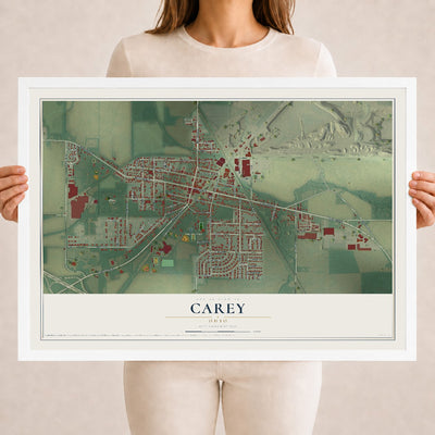 Map of Carey, Ohio, 18 x 24 inch print in a white wood frame